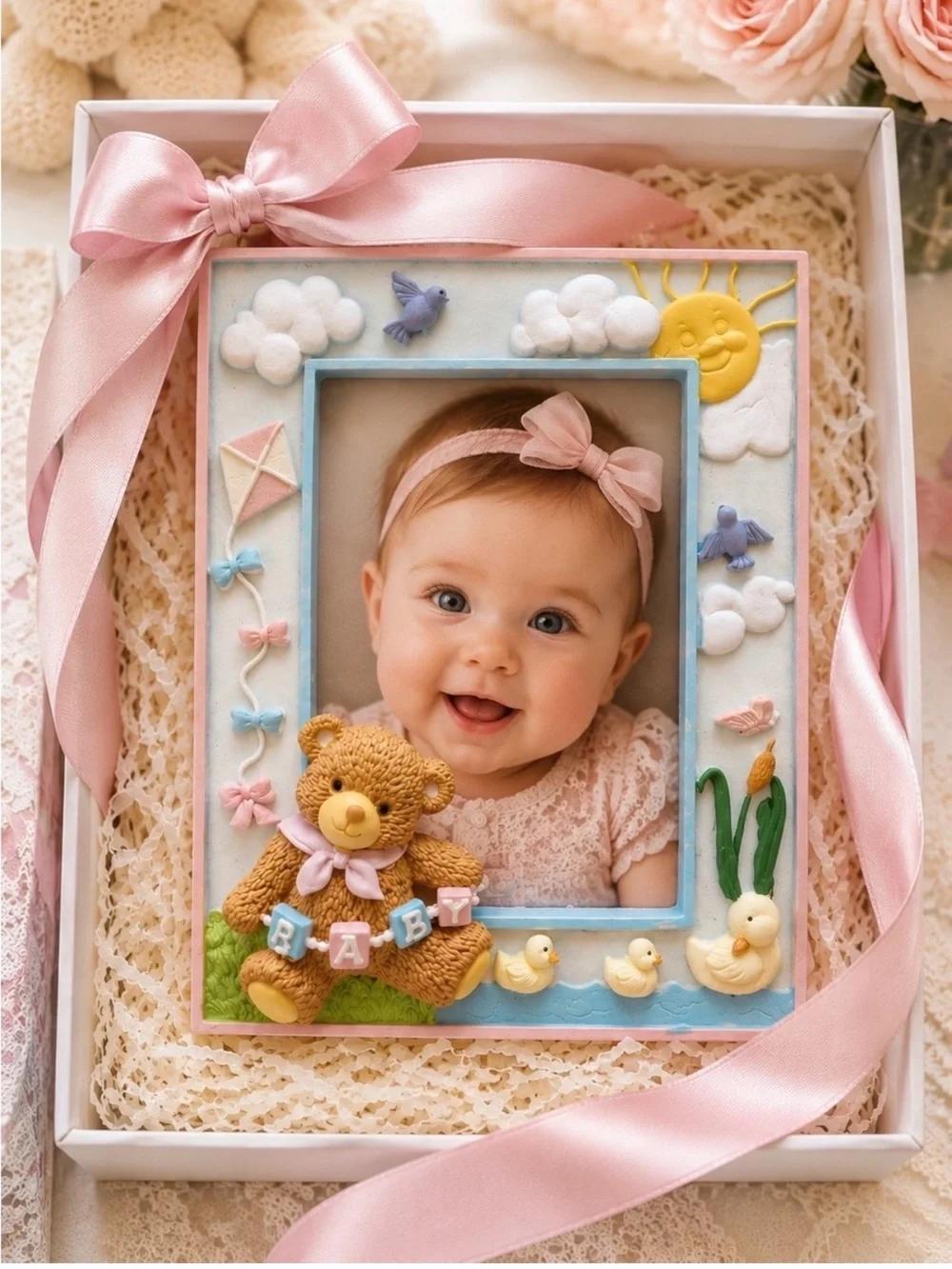 ROMAN Lullaby Baby Picture Frame 3D Teddy Bear Nursery Decor Vintage Gifts NIB